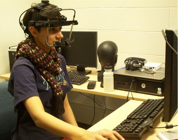 Participant running an experiment at a computer using an eye-tracker